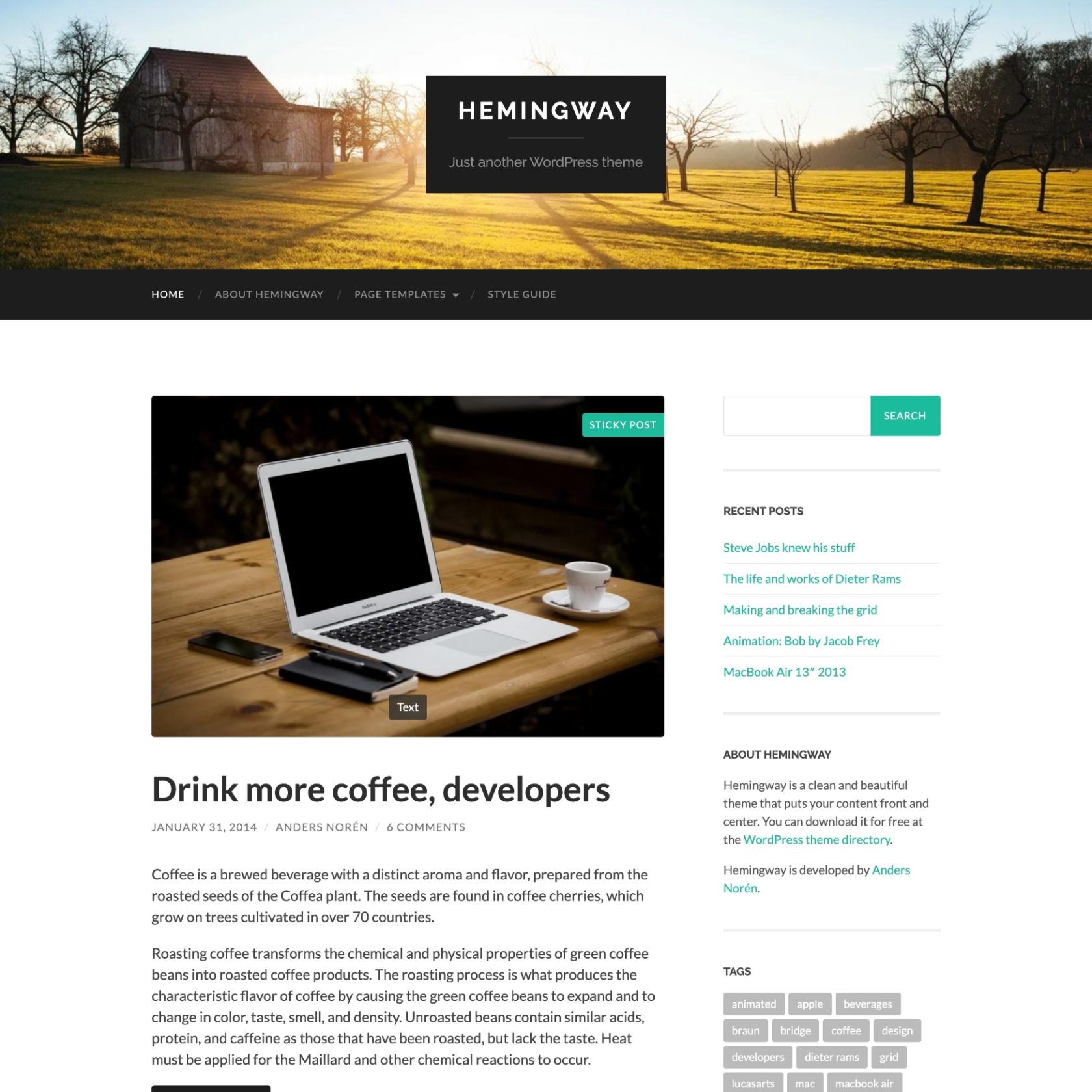 The free Hemingway WordPress theme.