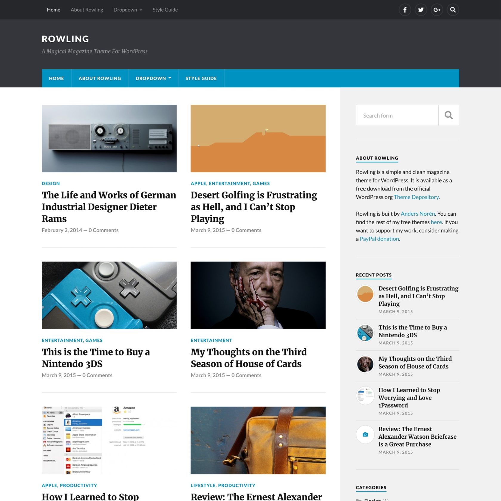 The free Rowling WordPress theme.